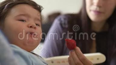母亲在孩子座位上给她的小儿子喂草莓-亚洲混血儿男孩，穿着蓝色<strong>体恤</strong>和